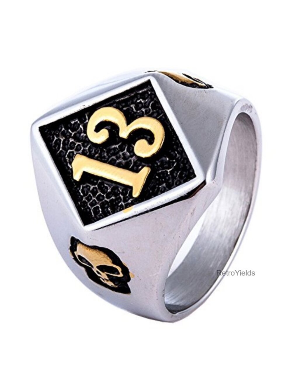 Stainless Steel Signet Ring Men's Biker Skull Lucky Number Punk
